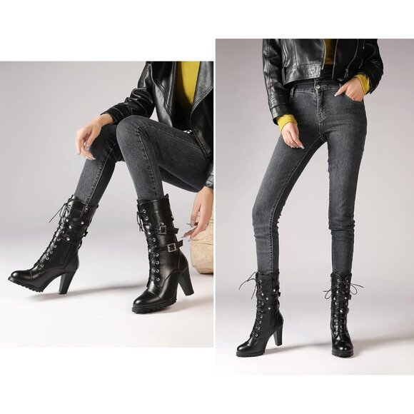 Women's Black Susanny High Heel Platform Lace Up Mid Calf Boots - Picture 5 of 9